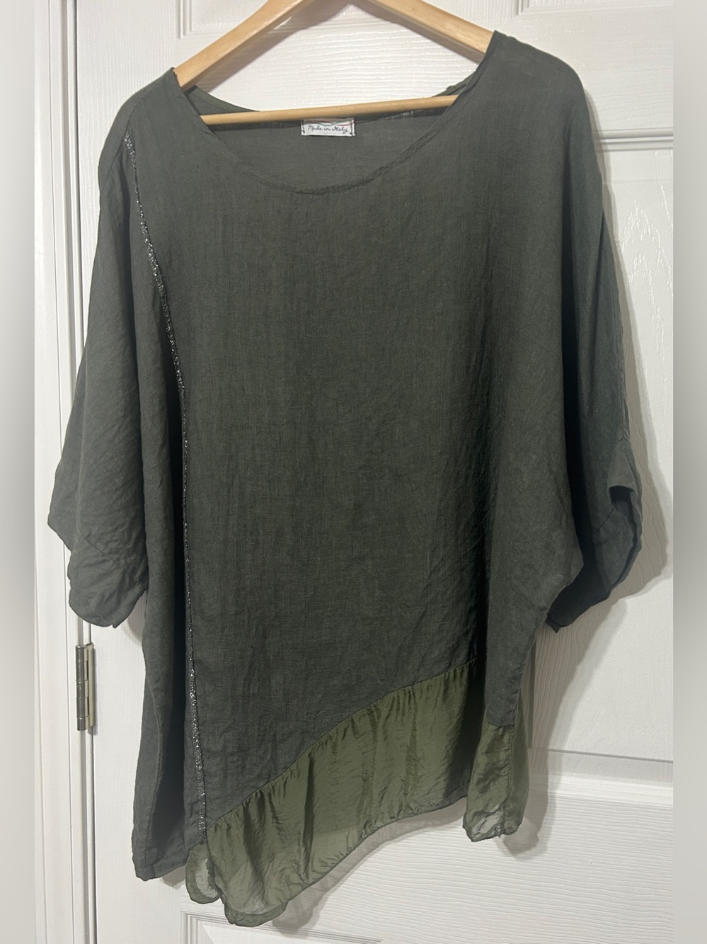 Made In Italy Women’s Linen Top Olive Green Artsy Ruffle Hem One Size